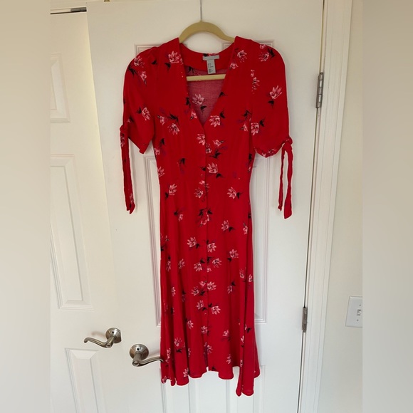 H&M red knee length midi floral dress - size 2 - Picture 5 of 7